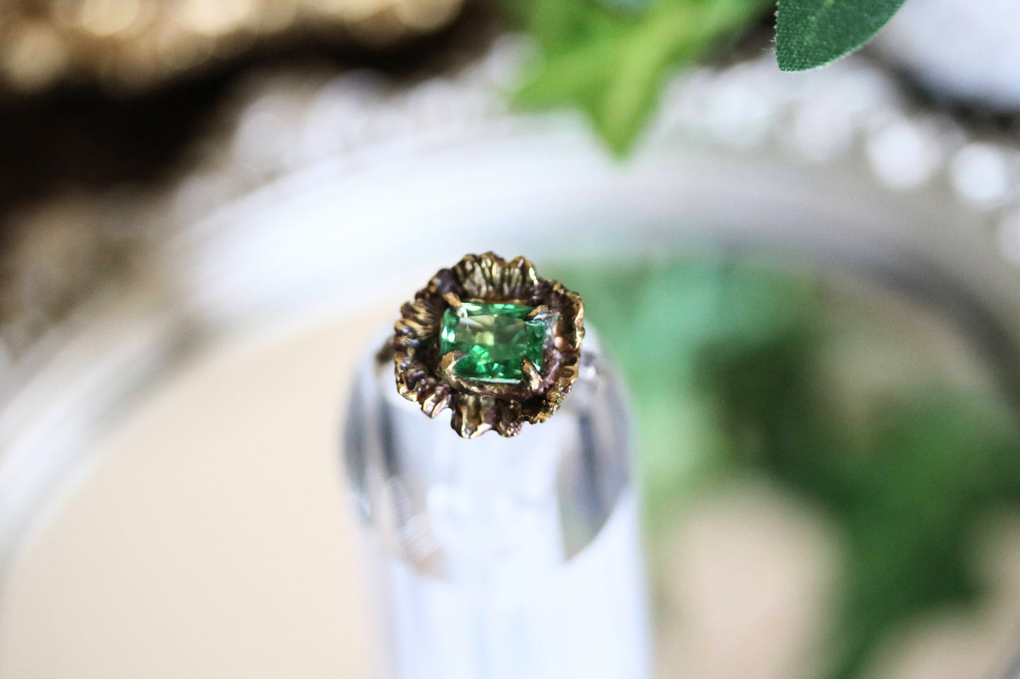 Green Moissanite Floral Ring