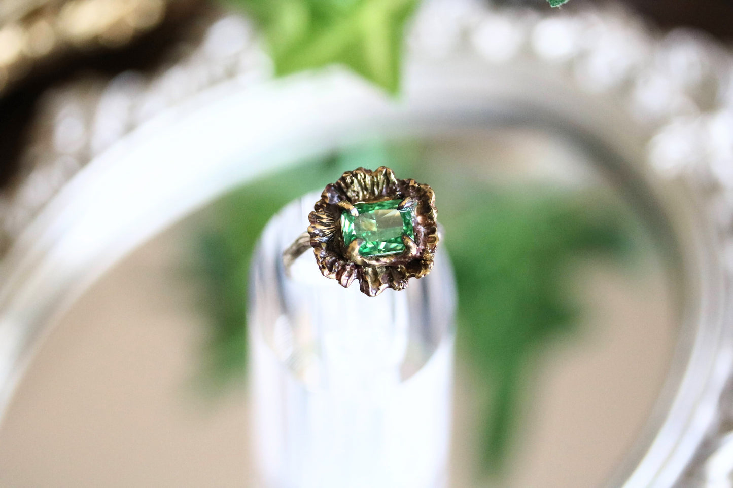 Green Moissanite Floral Ring