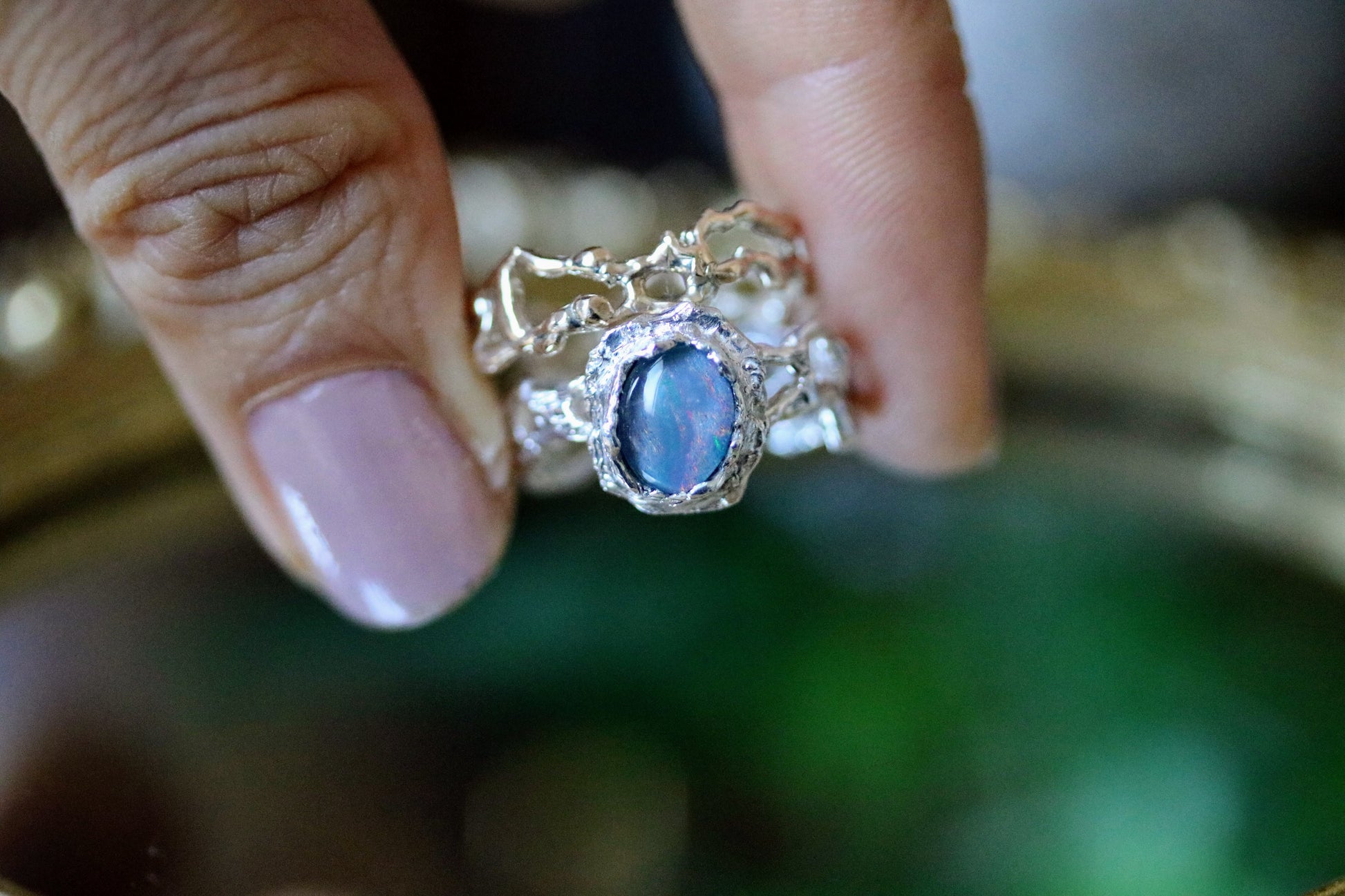 stackable silver ring with Australian opal