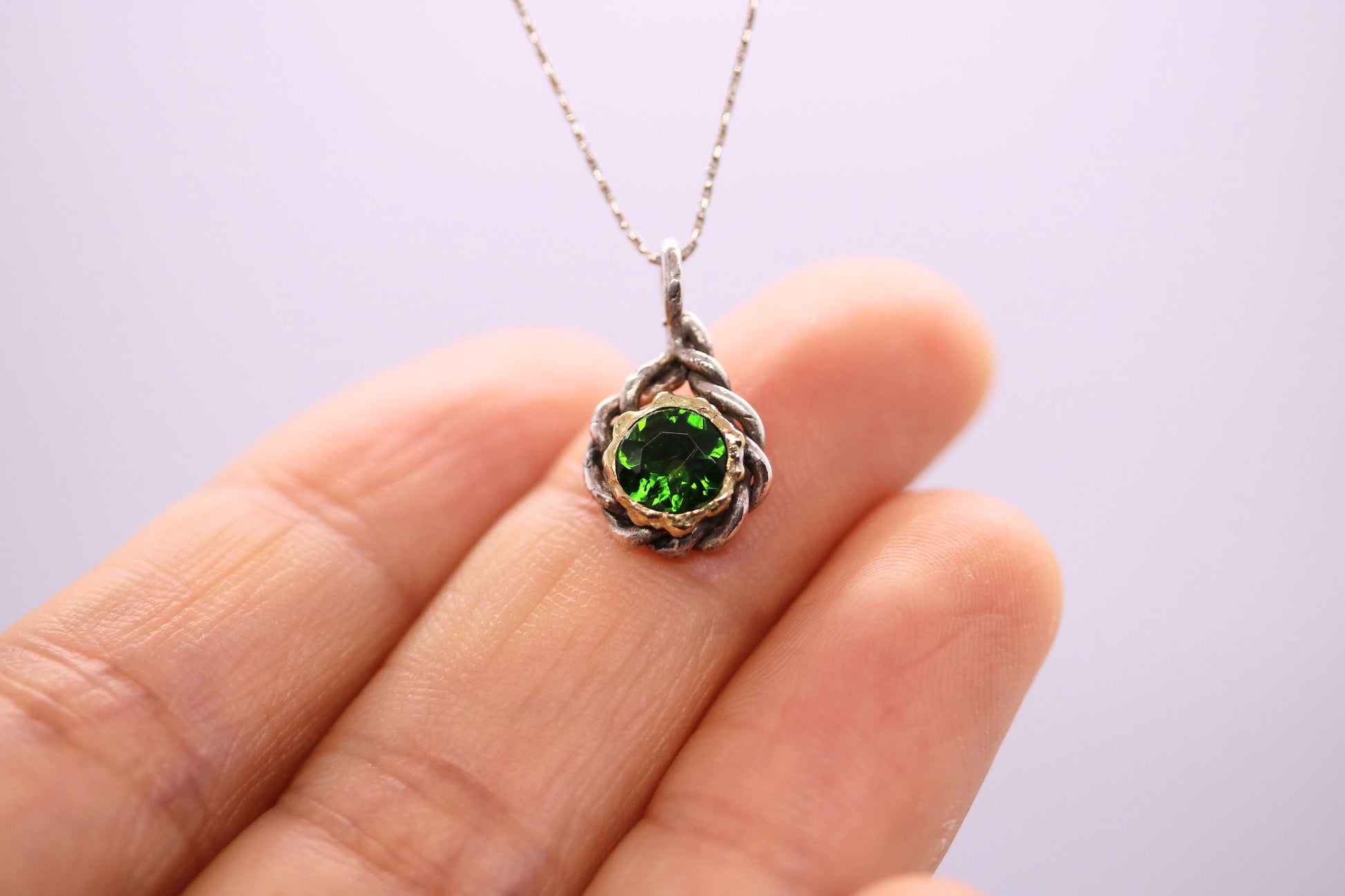 green diopside gold silver necklace
