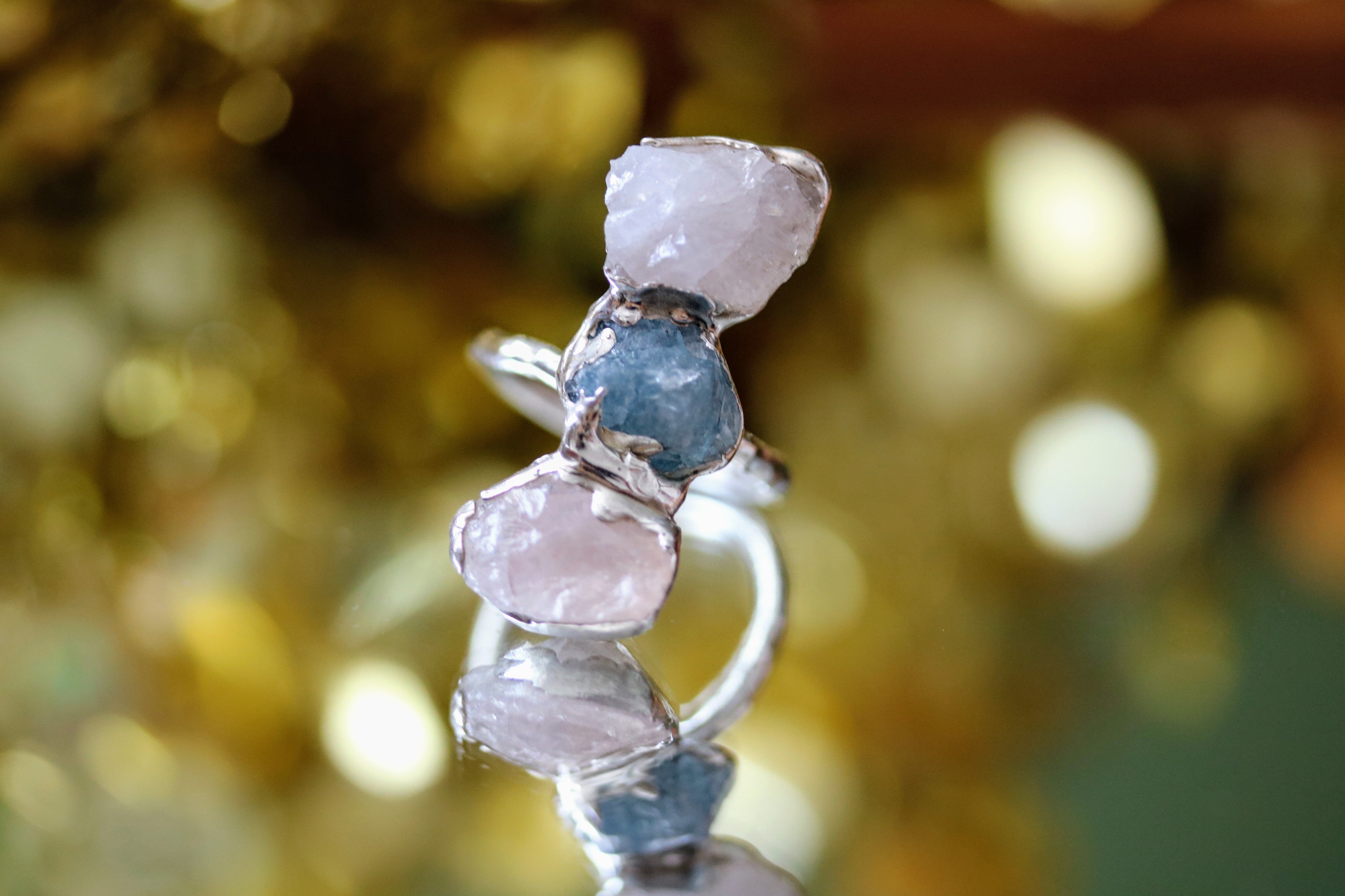 Raw Aquamarine and Rose Quartz Silver Ring