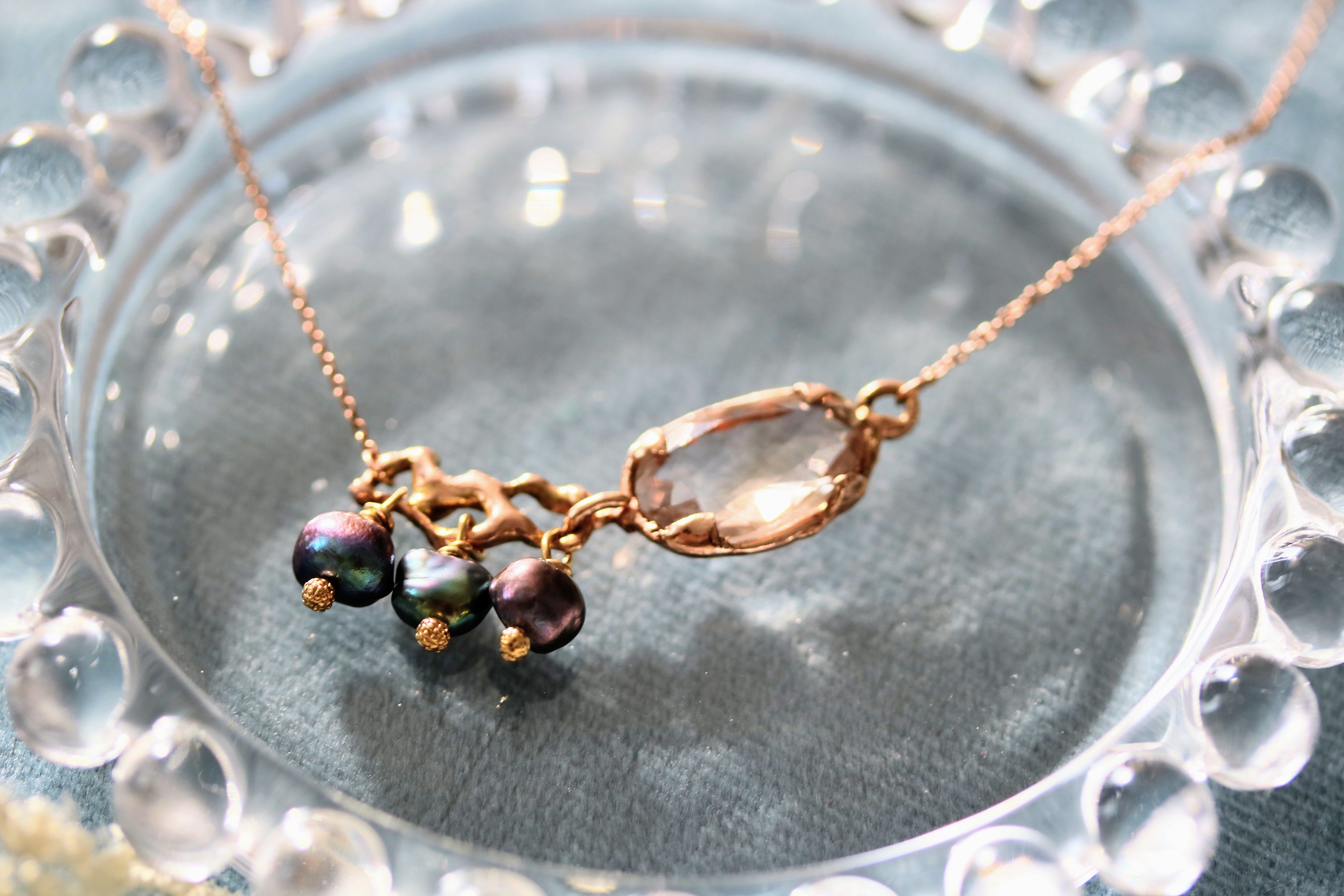 Jukai Ametrin Pink Gold Necklace with Black Fresh Pearls