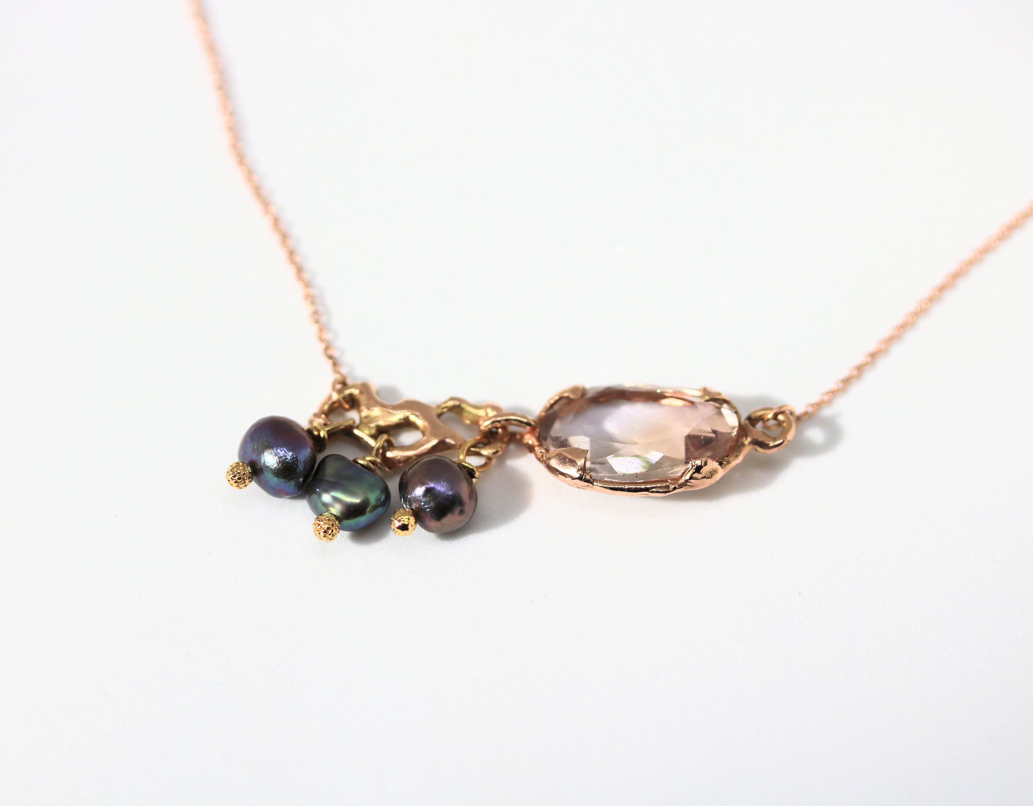 Jukai Ametrin Pink Gold Necklace with Black Fresh Pearls