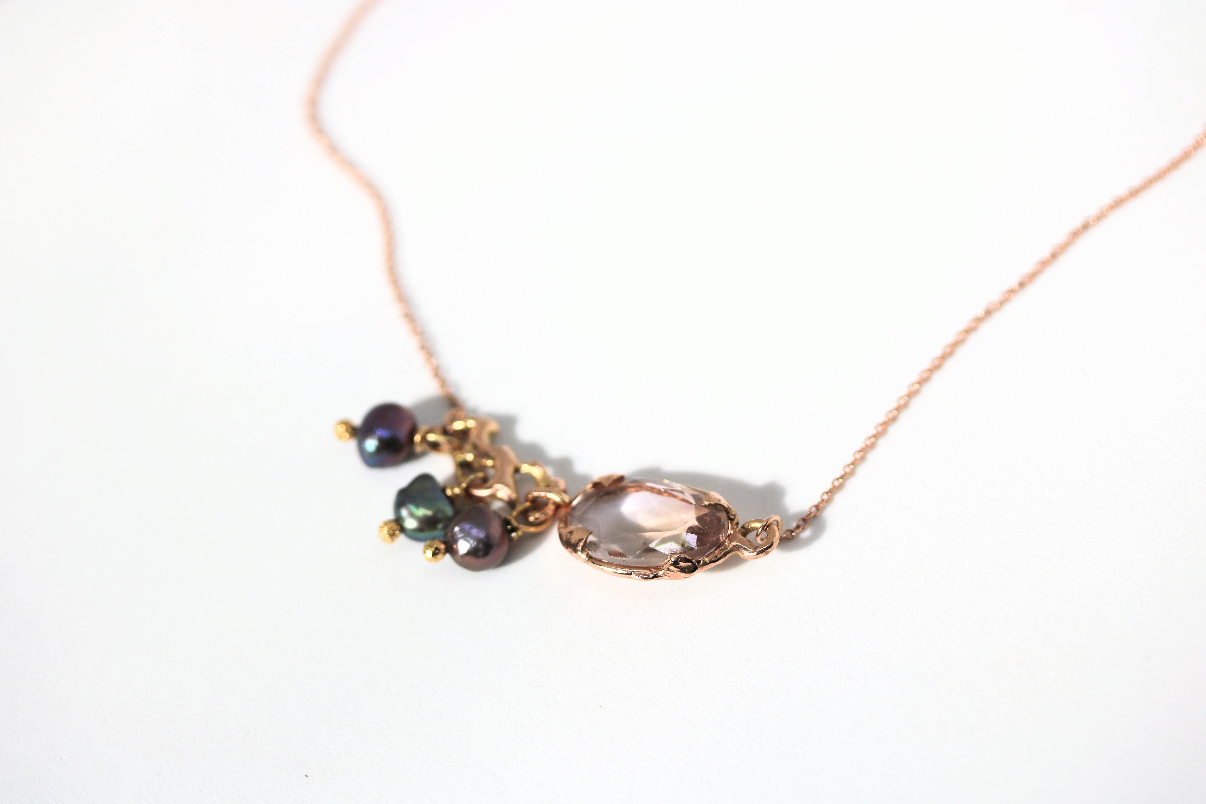 Jukai Ametrin Pink Gold Necklace with Black Fresh Pearls